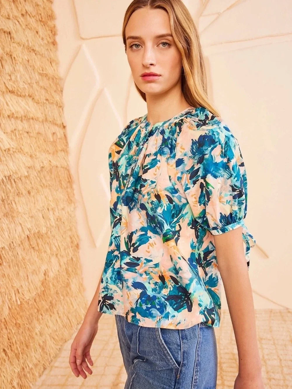 Ulla Johnson Vienne Delphinium Cotton Floral Puff Sleeve Top
